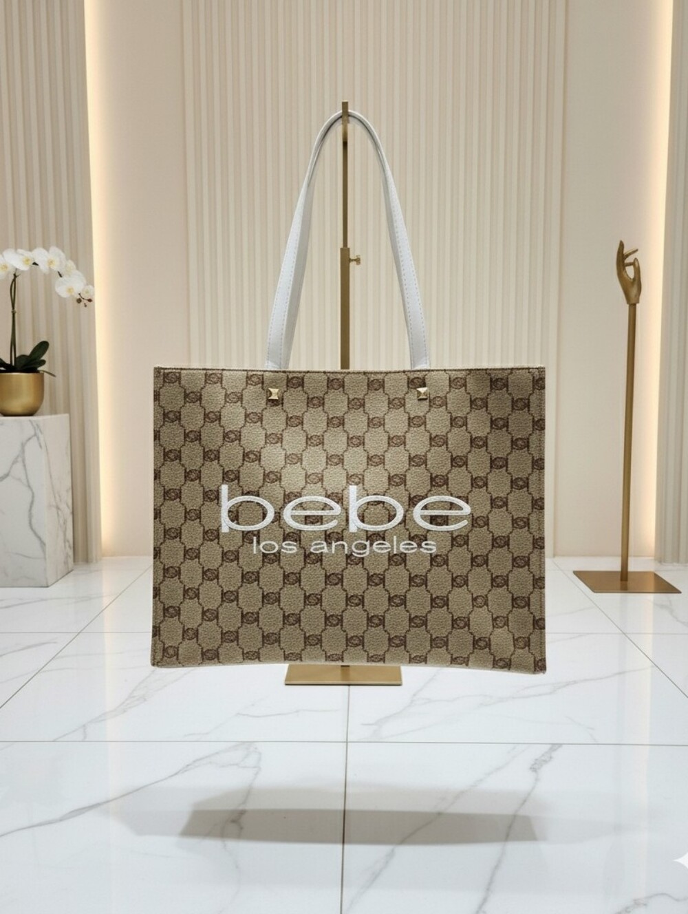 bebe Brown Beige Logo Large Canvas Tote with White Handles